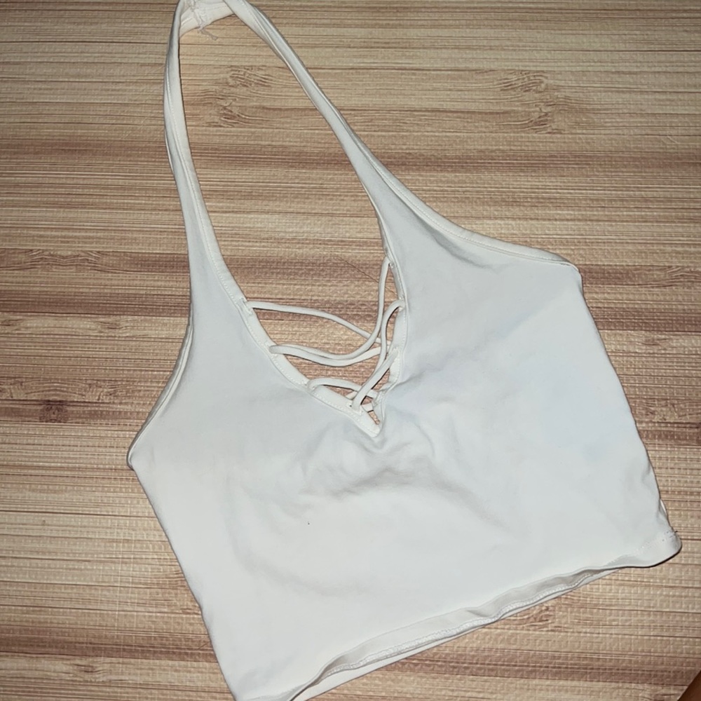 White, cross-cross front, halter crop-top, size small